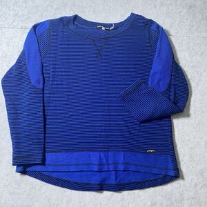 Karl Lagerfeld Shirt Women Med Blue Black Striped Cotton 3/4 Sleeve PARIS Hi-Low